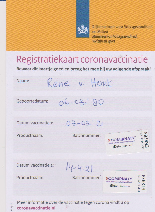 Foto van vaccinatiebewijs, ik had pfizer gehad